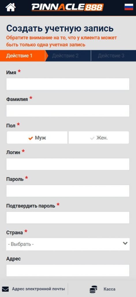 Форма регистрации Pinnacle